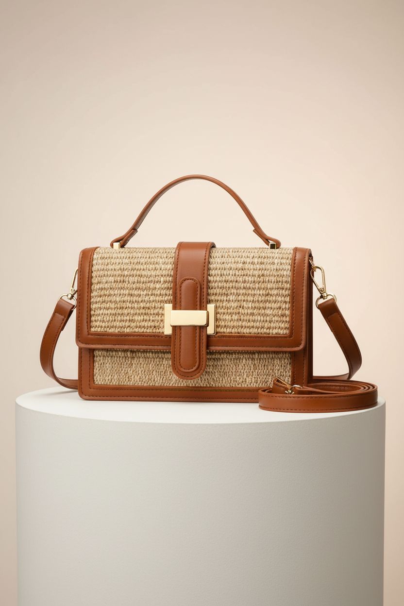 KKXIU straw crossbody bag showcased in a clean studio with detailed focus on texture.