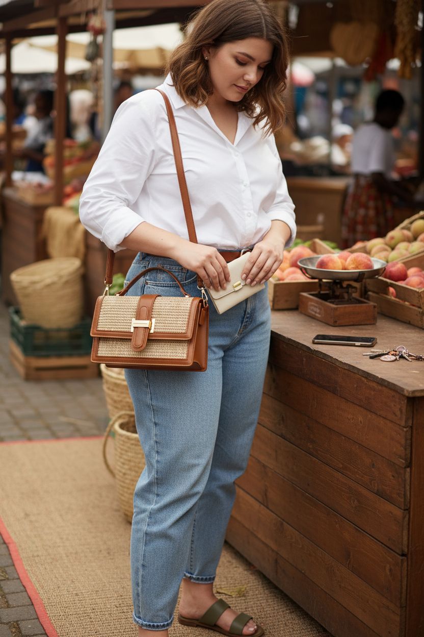 KKXIU straw crossbody bag featured at a vibrant farmers market among fresh produce.