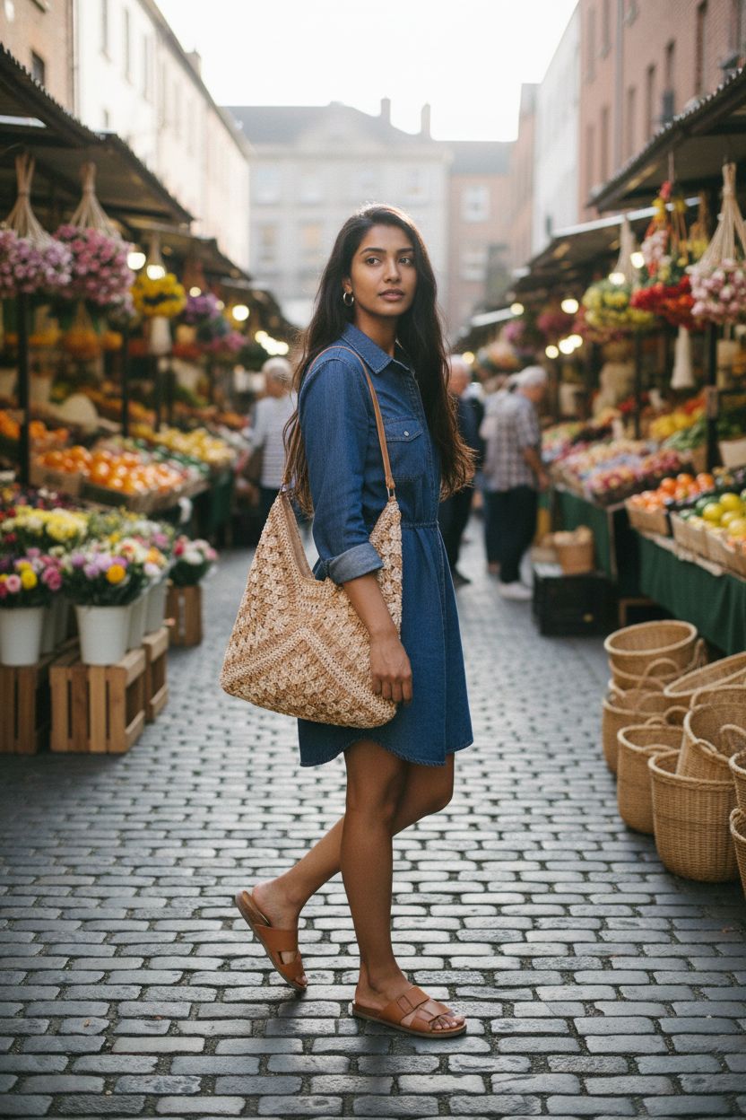 ARCLIBER handwoven straw tote bag in use at a vibrant farmers' market