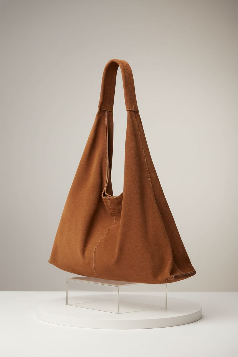 Elegant VAKAER suede tote displayed on a pedestal, highlighting its luxurious design and craftsmanship.