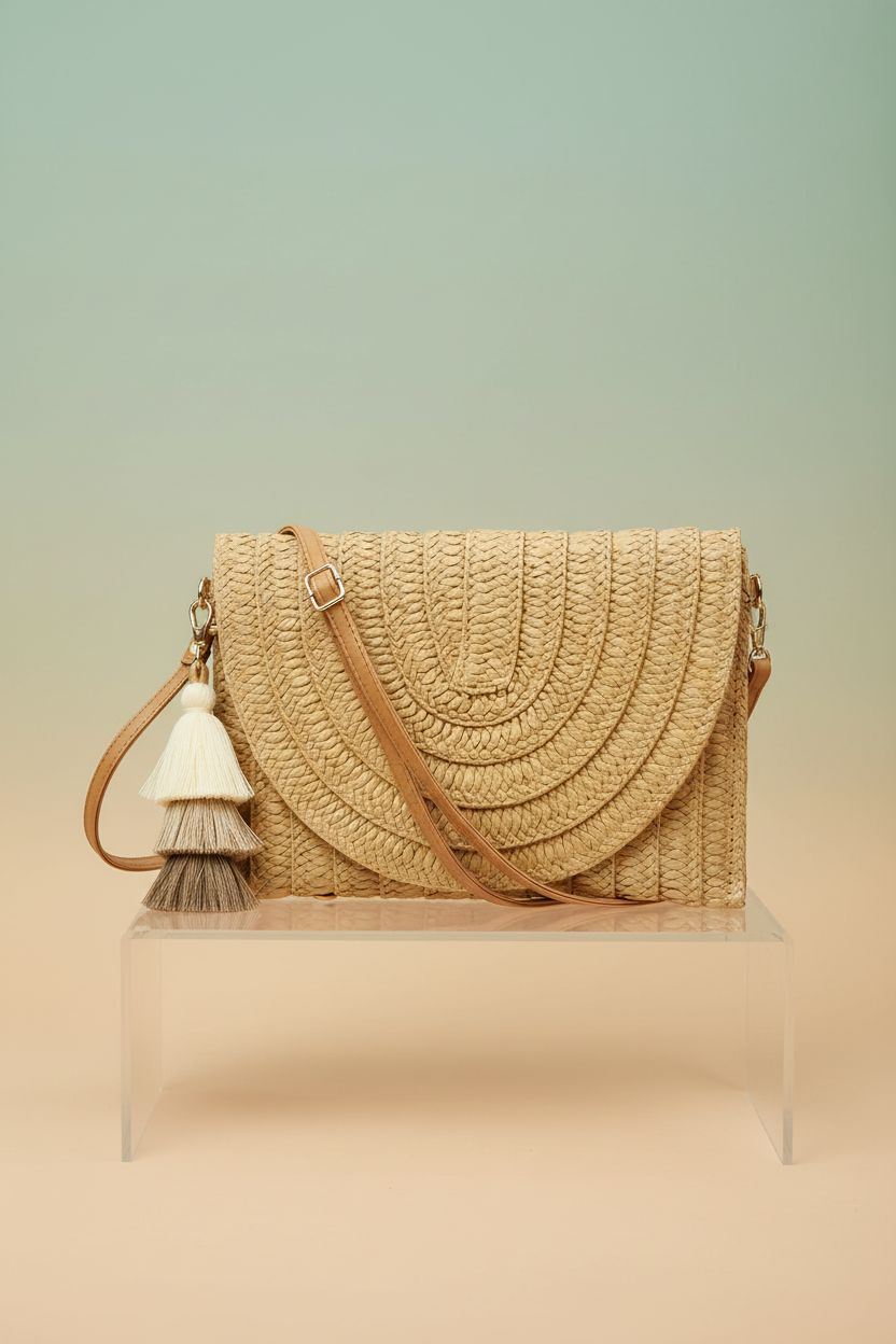 Aovtero light brown straw handbag displayed on an acrylic riser, highlighting its elegant design and textures.