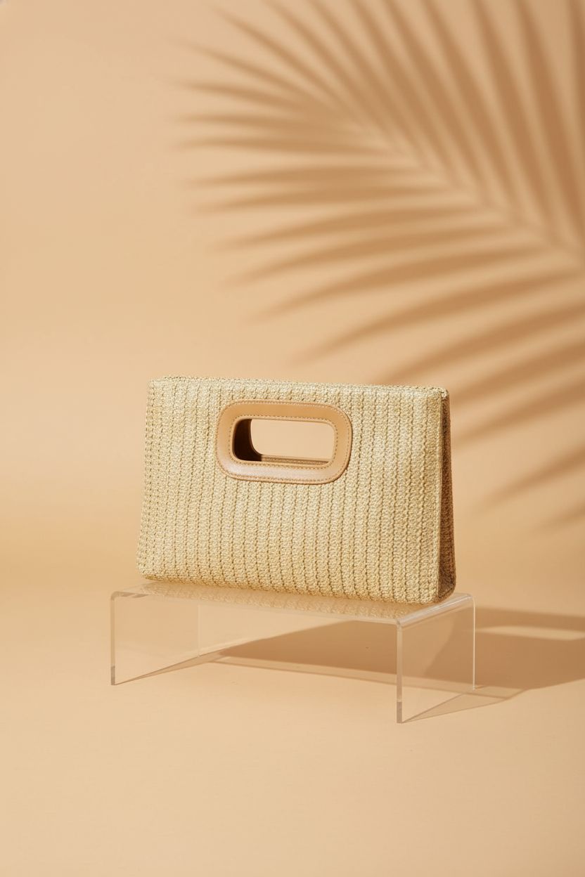 Close-up of Kseymeir raffia evening bag showcasing detailed weave and light-gold hardware