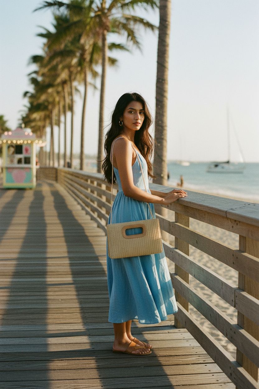 Kseymeir khaki straw clutch bag worn crossbody on seaside boardwalk during sunset