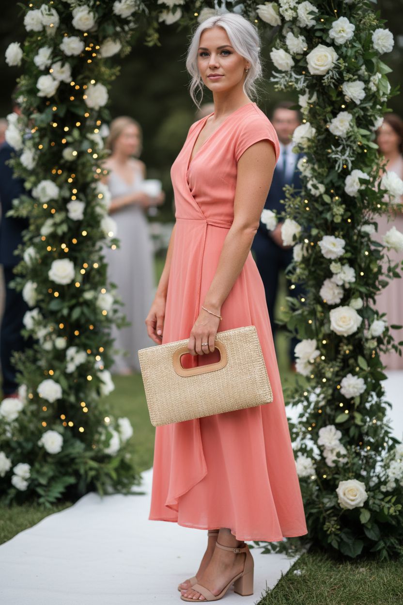 Kseymeir top handle straw clutch elegantly held at a garden wedding with floral decor