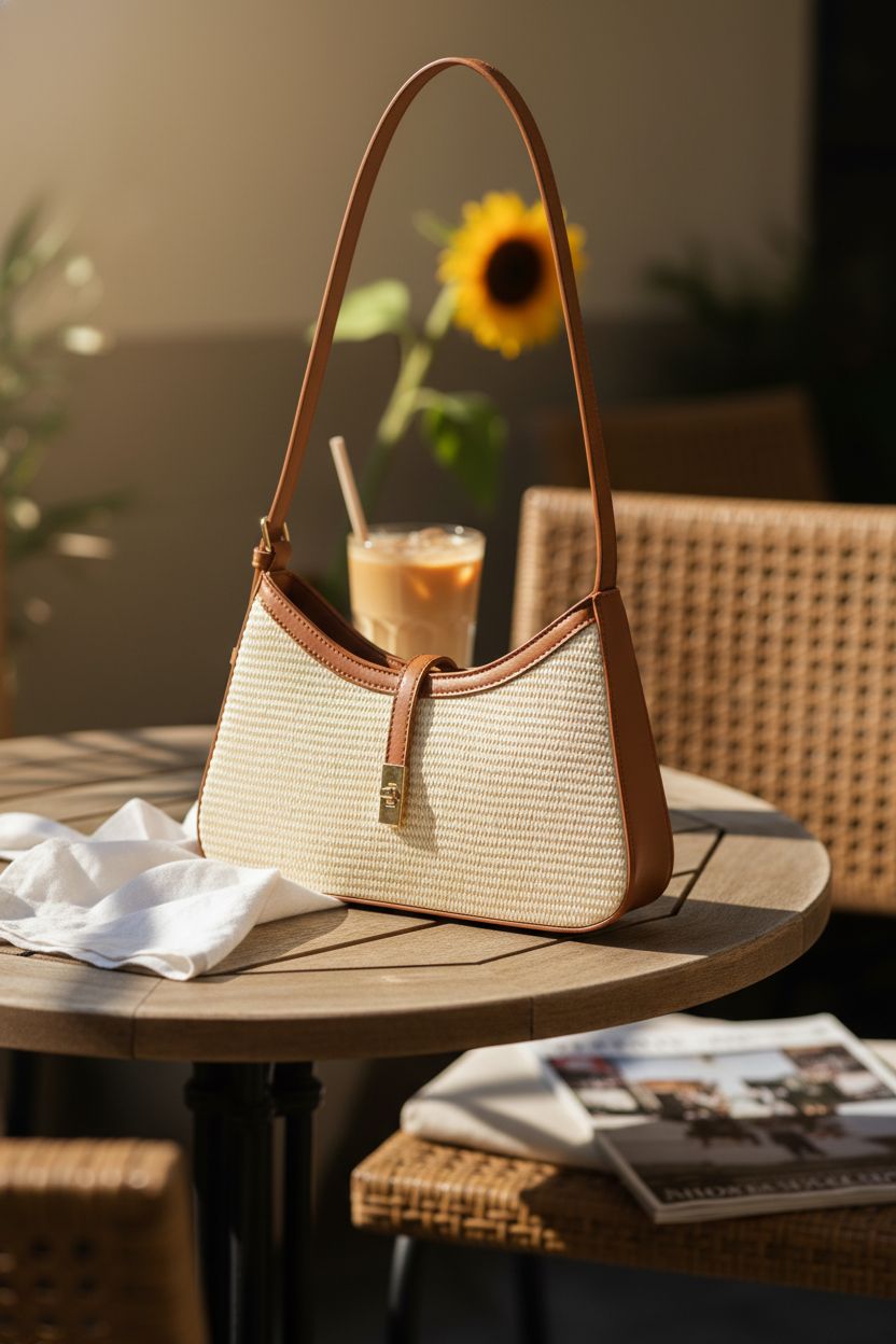 CLUCI vegan leather hobo bag on a sunlit café terrace with iced latte