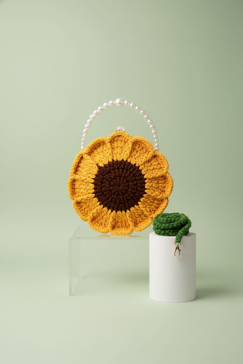 SEGXCFL Pearl Sunflower Purse on a minimalist display, showcasing its crochet texture and pearl handles