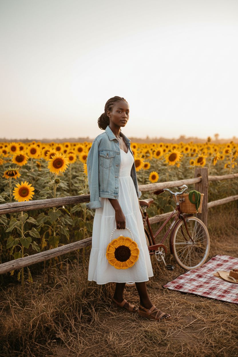 SEGXCFL Pearl Sunflower Purse in a sunflower field, showcasing crochet design and golden petals