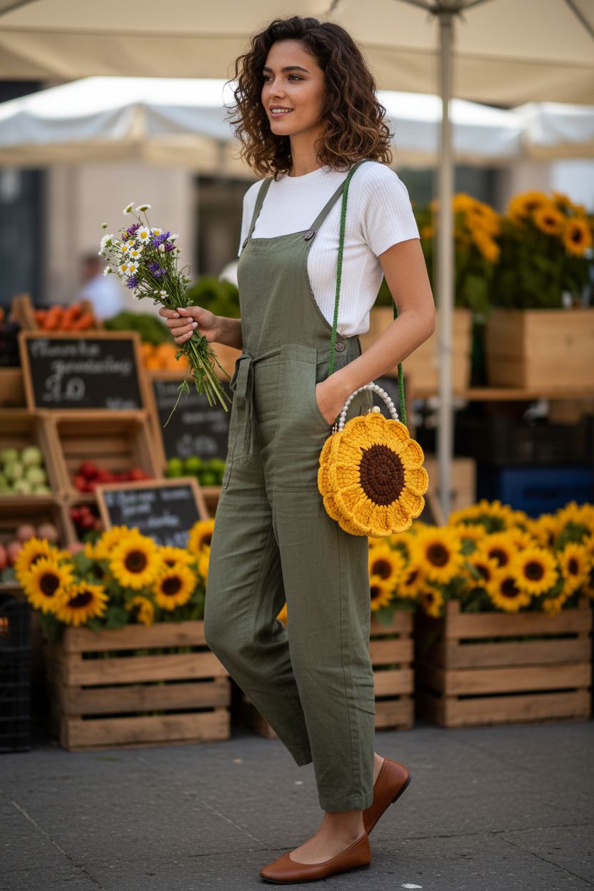 SEGXCFL Sunflower Purse worn crossbody at a farmers' market, highlighting its unique crochet style