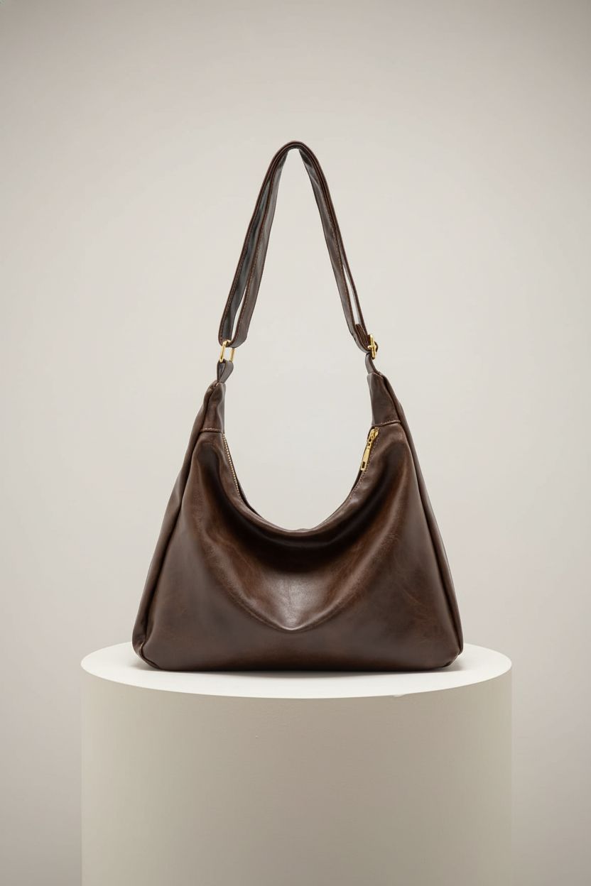 Elegant brown celestina hobo bag displayed on a pedestal, emphasizing its craftsmanship and design details.