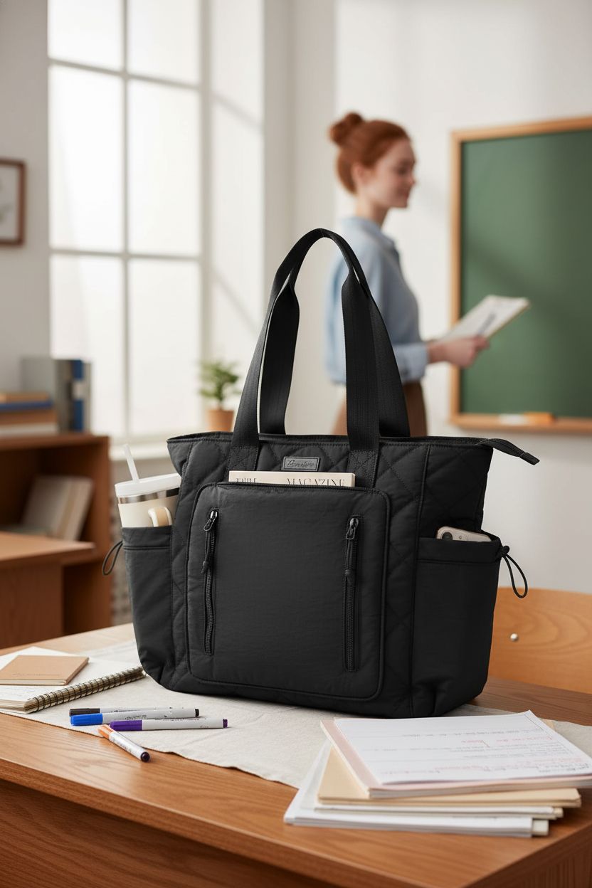 Quiet prep time setting with Bagstellar puffer tote on a desk surrounded by teaching supplies, emphasizing its versatility.