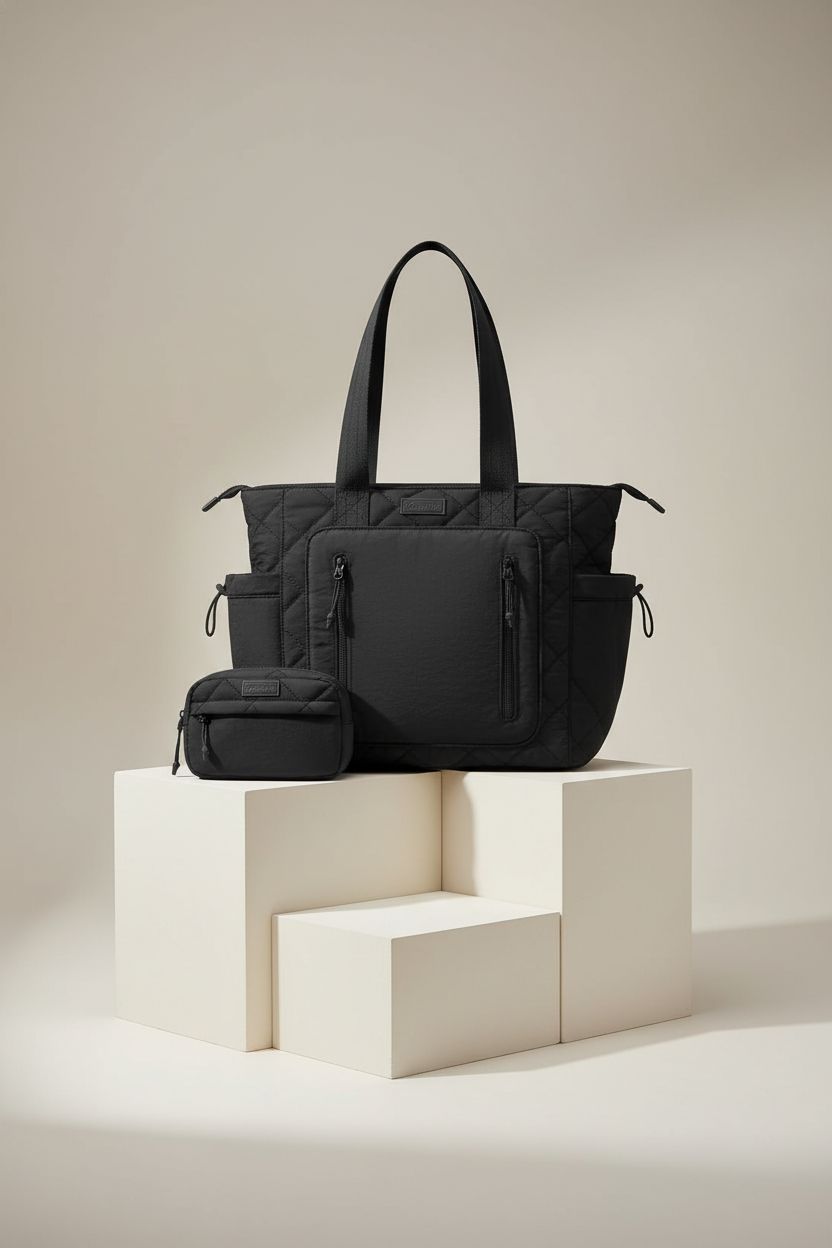 Bagstellar black quilted puffer tote bag displayed on a clean backdrop, highlighting its design and features.
