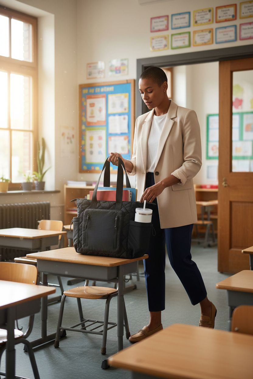 Bagstellar puffer tote bag on a desk in a bright classroom, showcasing its spacious design and side pocket.