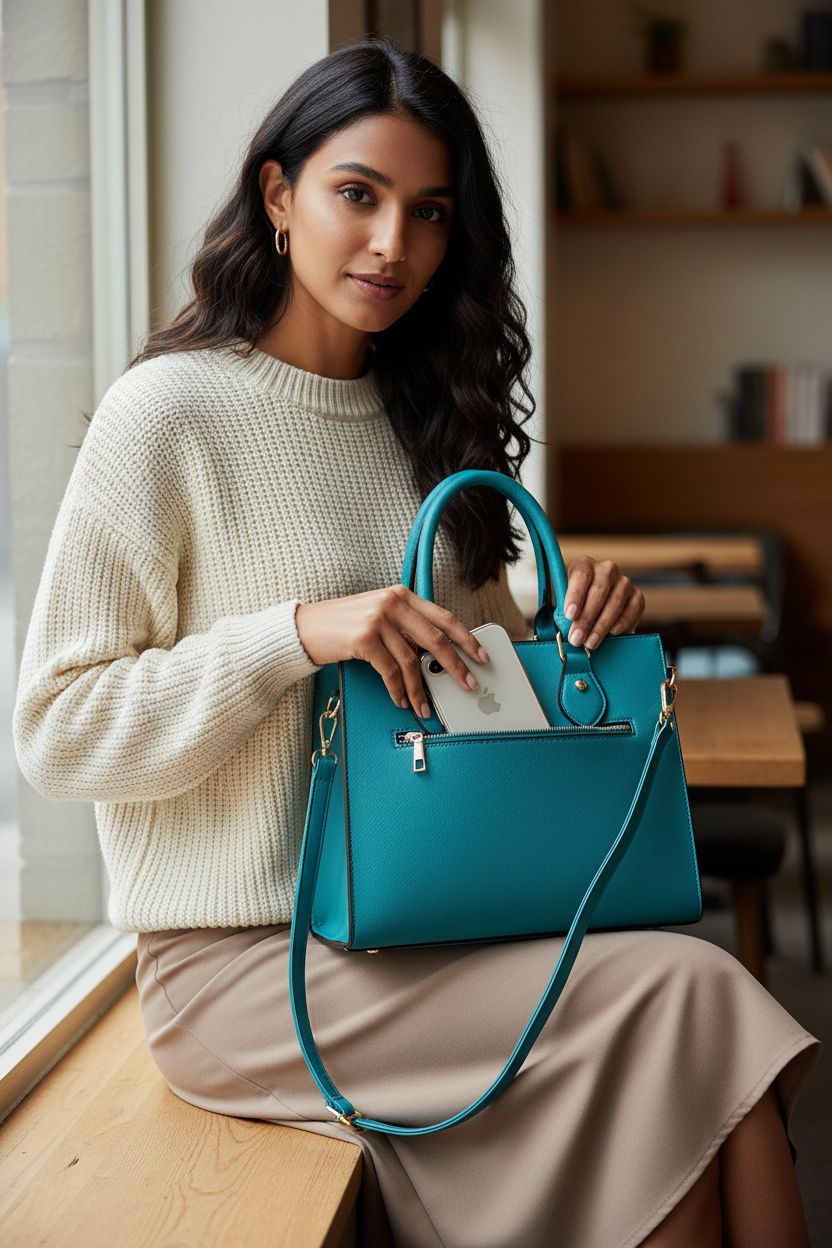 Teal CHICAROUSAL purse on lap with phone in exterior pocket, stylish setting