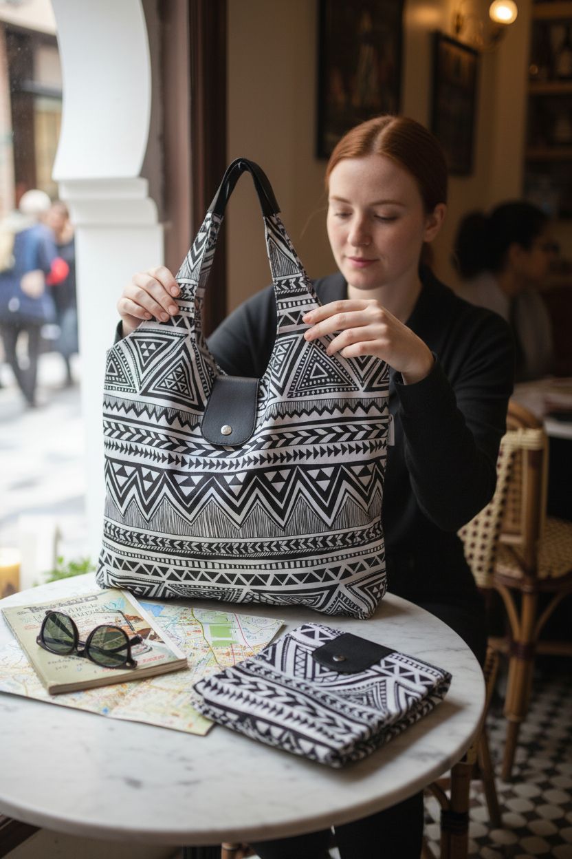 Foldable Travel Tote in cozy cafe setting, showcasing packability and stylish design by Generic