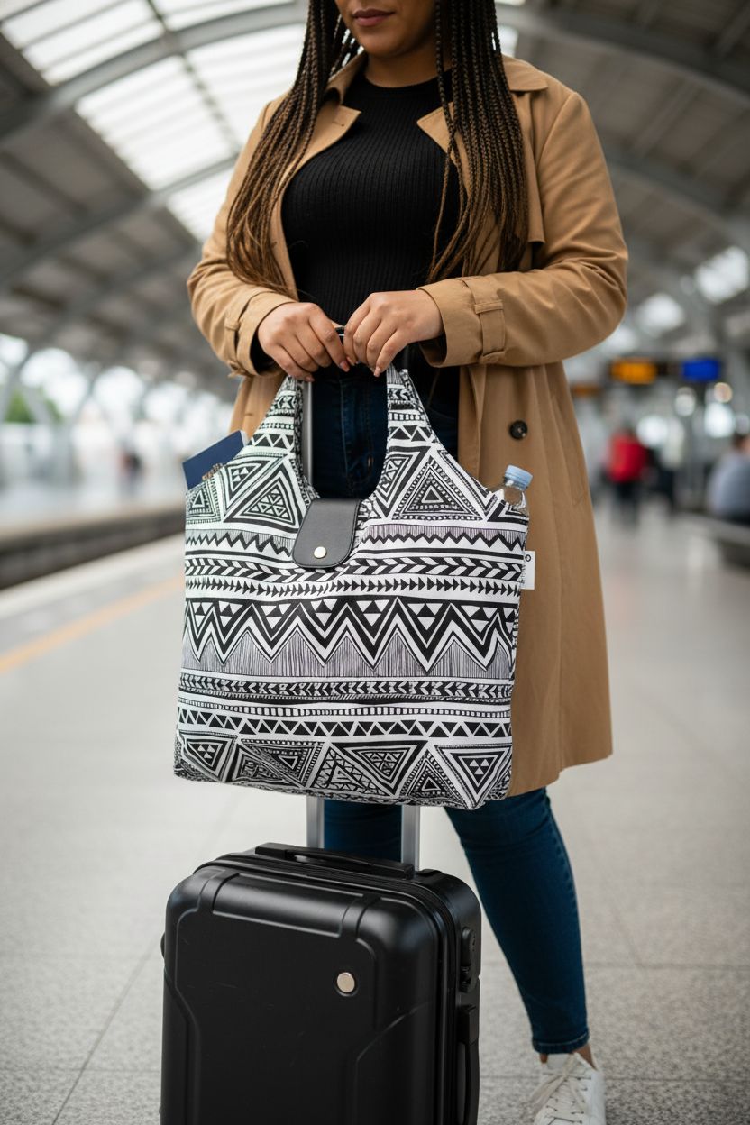 Foldable Travel Tote in Italia Aztec design on a train platform with pockets and vegan leather closure by Generic