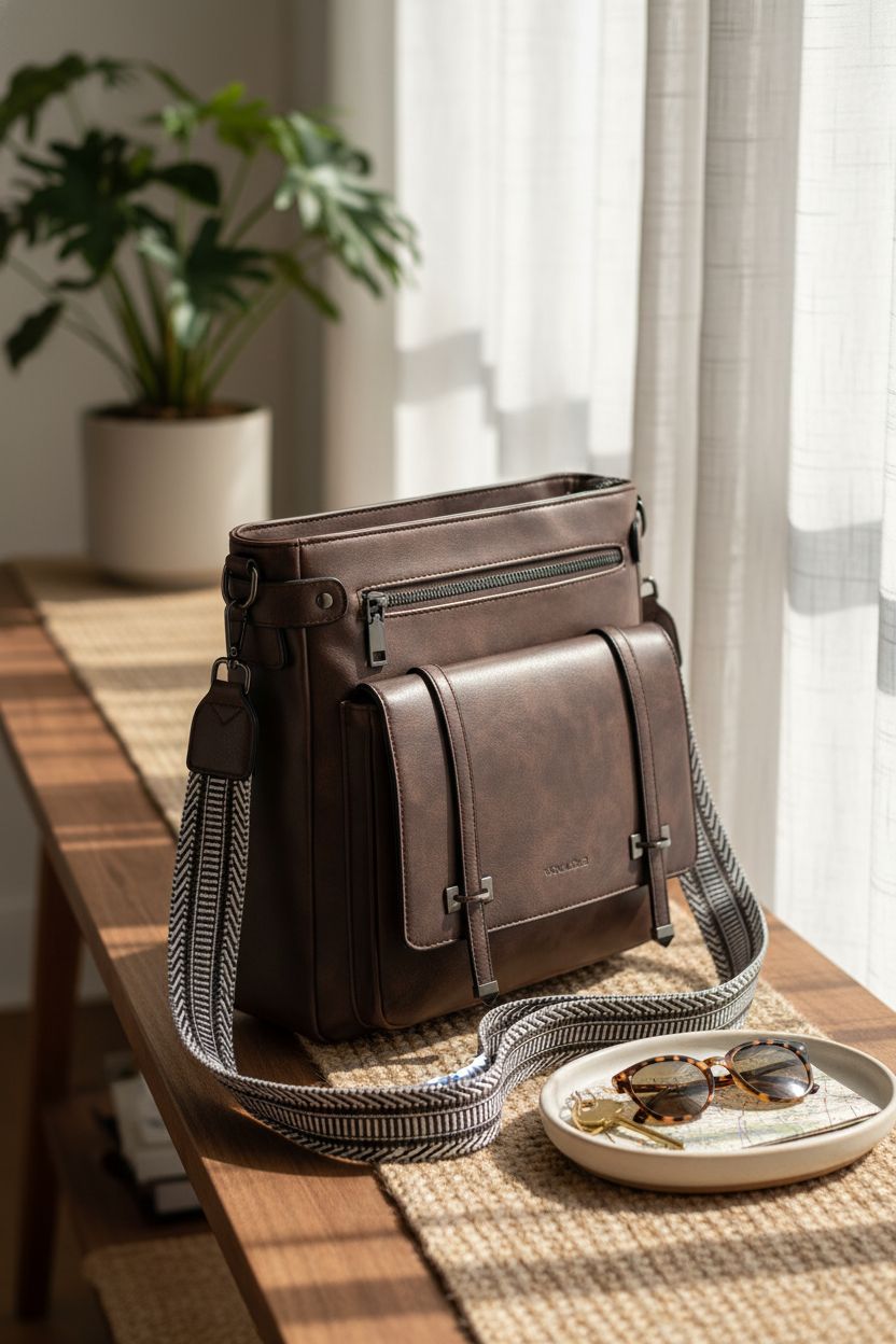 Roulens thick strap crossbody bag resting on a walnut console, evoking a weekend travel mood with stylish accessories.