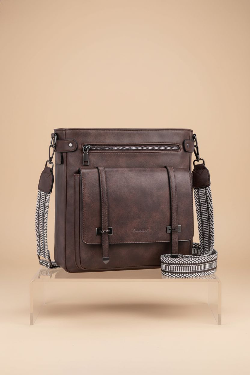 Roulens thick strap crossbody bag highlighted on a studio backdrop, showcasing its design details like stitching and hardware.