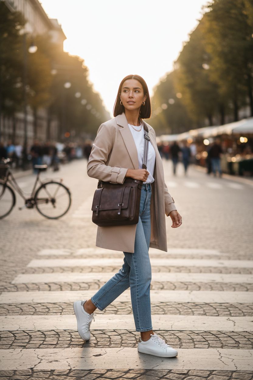 Roulens thick strap crossbody bag in dark brown worn over a white tee, perfect for farmers market trips with its practical design.