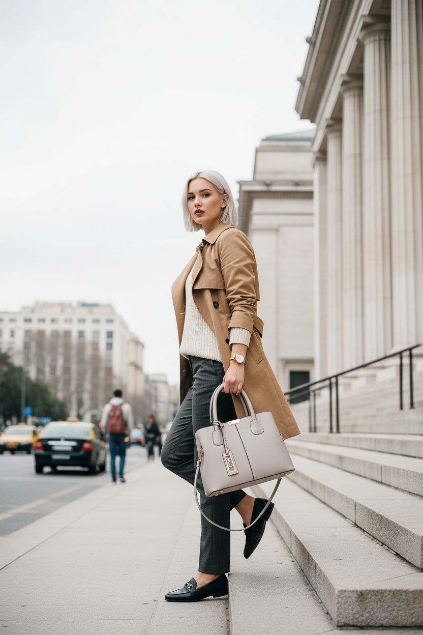 Camel trench coat and COCIFER handbag on limestone steps of a museum, exuding sophistication.