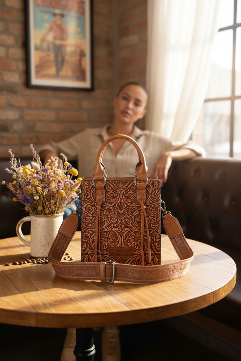 Cozy setting featuring Wrangler tooled leather purse on table beside wildflowers and mug.