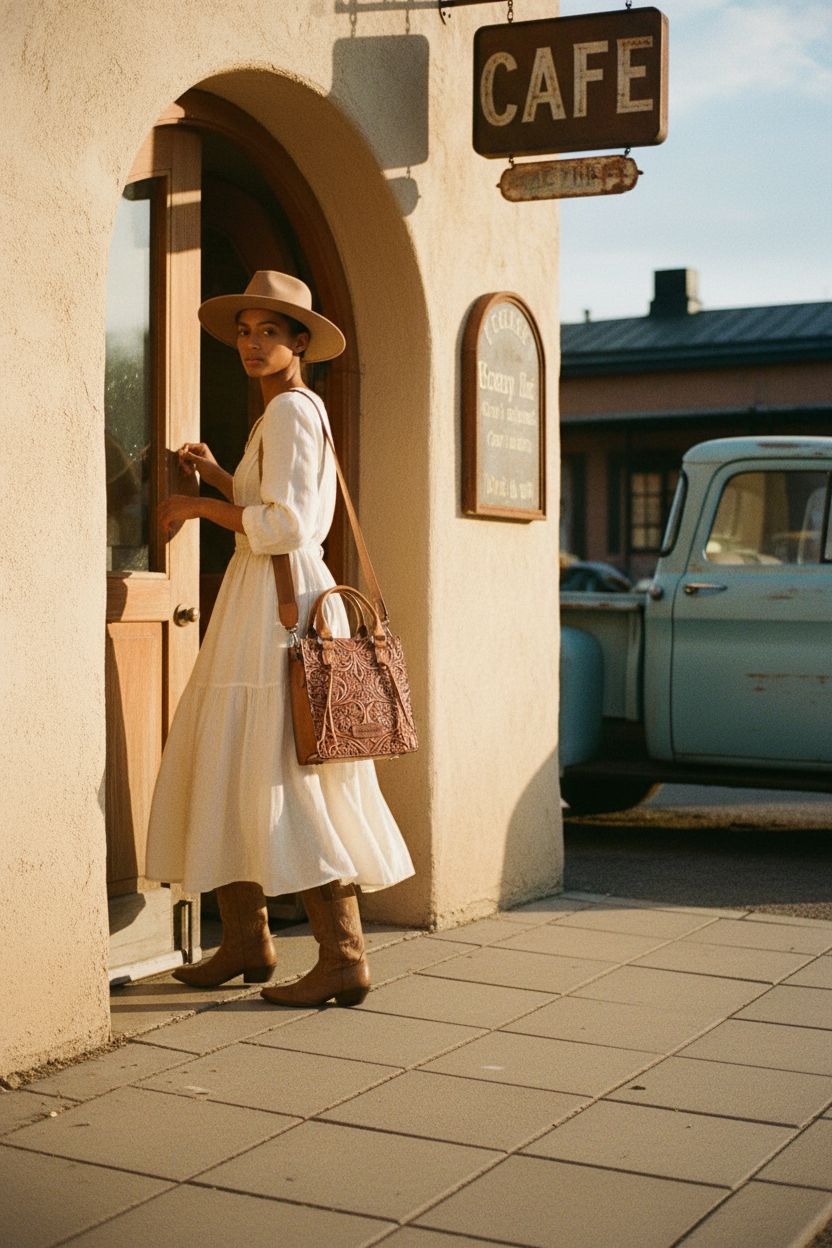 Wrangler tooled leather crossbody purse with floral embossing, styled in Southwestern setting.