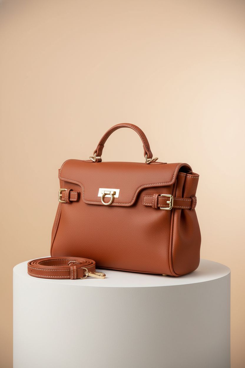 Fuiriver brown top handle bag displayed in a studio, highlighting its craftsmanship and stylish design.