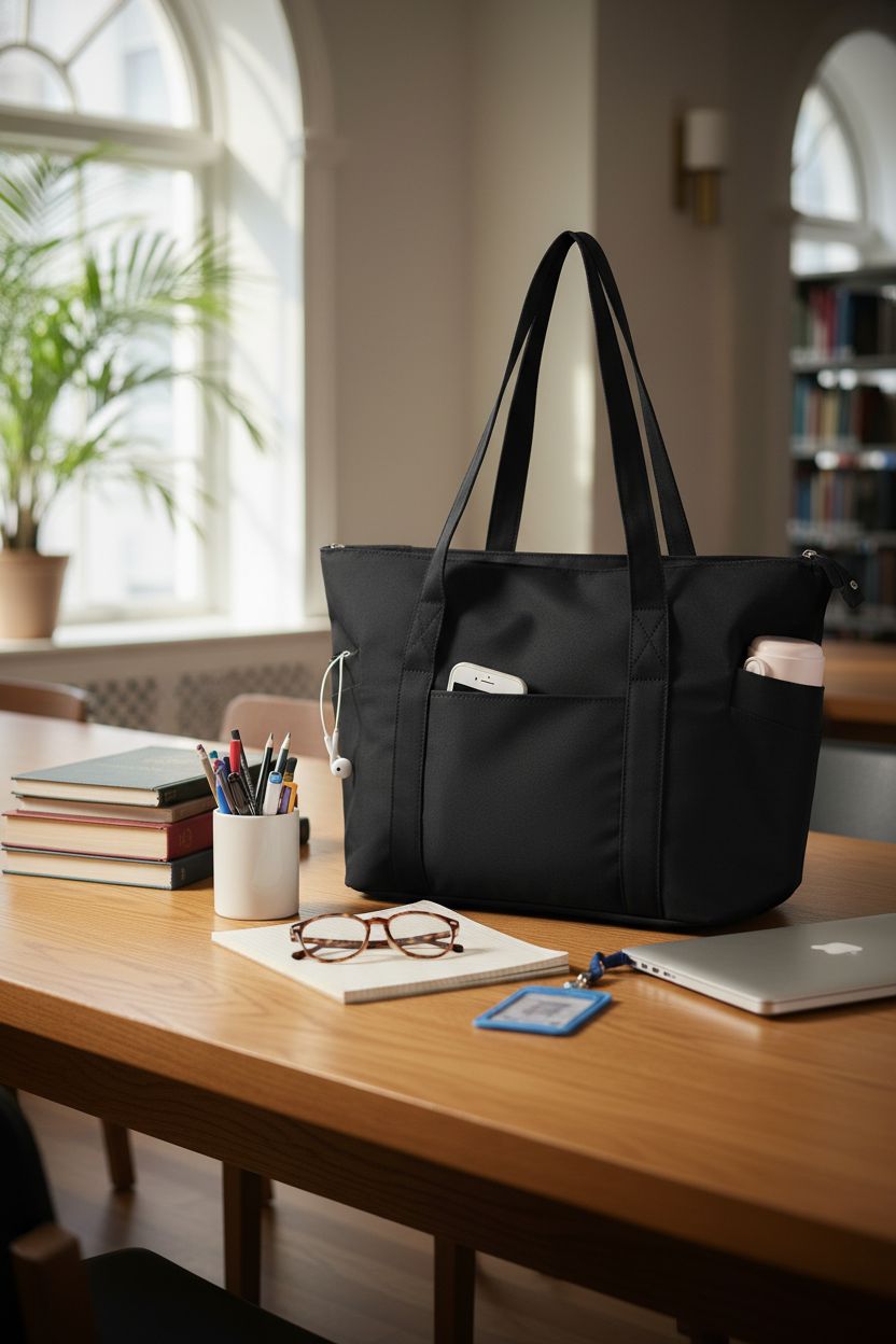 CTWWFS black tote bag on oak table with books and greenery, ideal for study sessions.