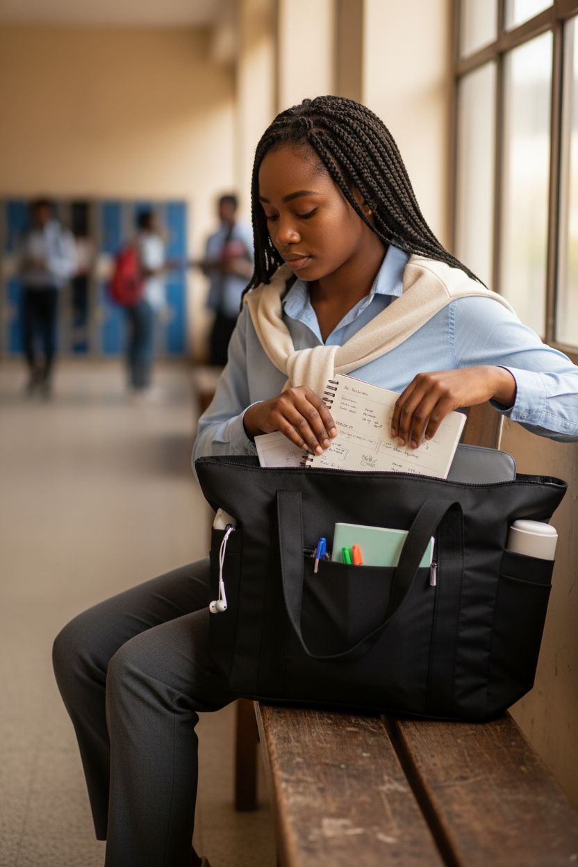CTWWFS black tote bag opened to reveal laptop sleeve and notebooks, perfect for school use.
