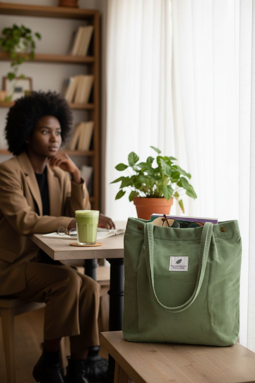 Cozy café scene with TOPASION matcha green corduroy tote bag beside a matcha latte.