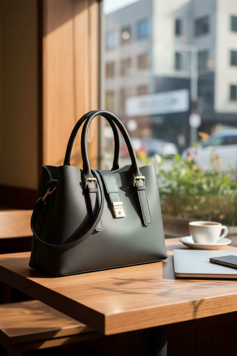 YeLoveHaw black vegan leather tote bag beside a laptop and coffee in a sunlit café.