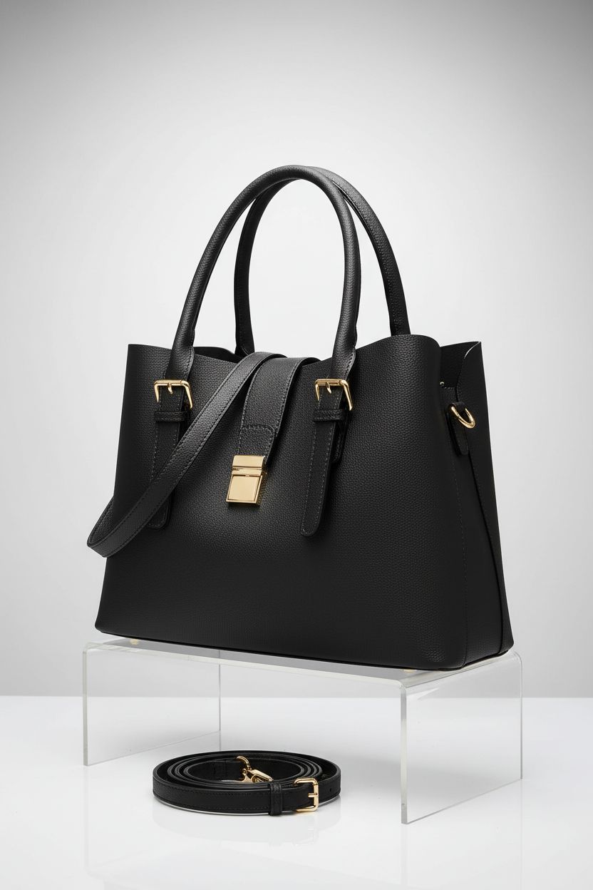 YeLoveHaw vegan leather tote bag on a minimalist pedestal showcasing its design details.