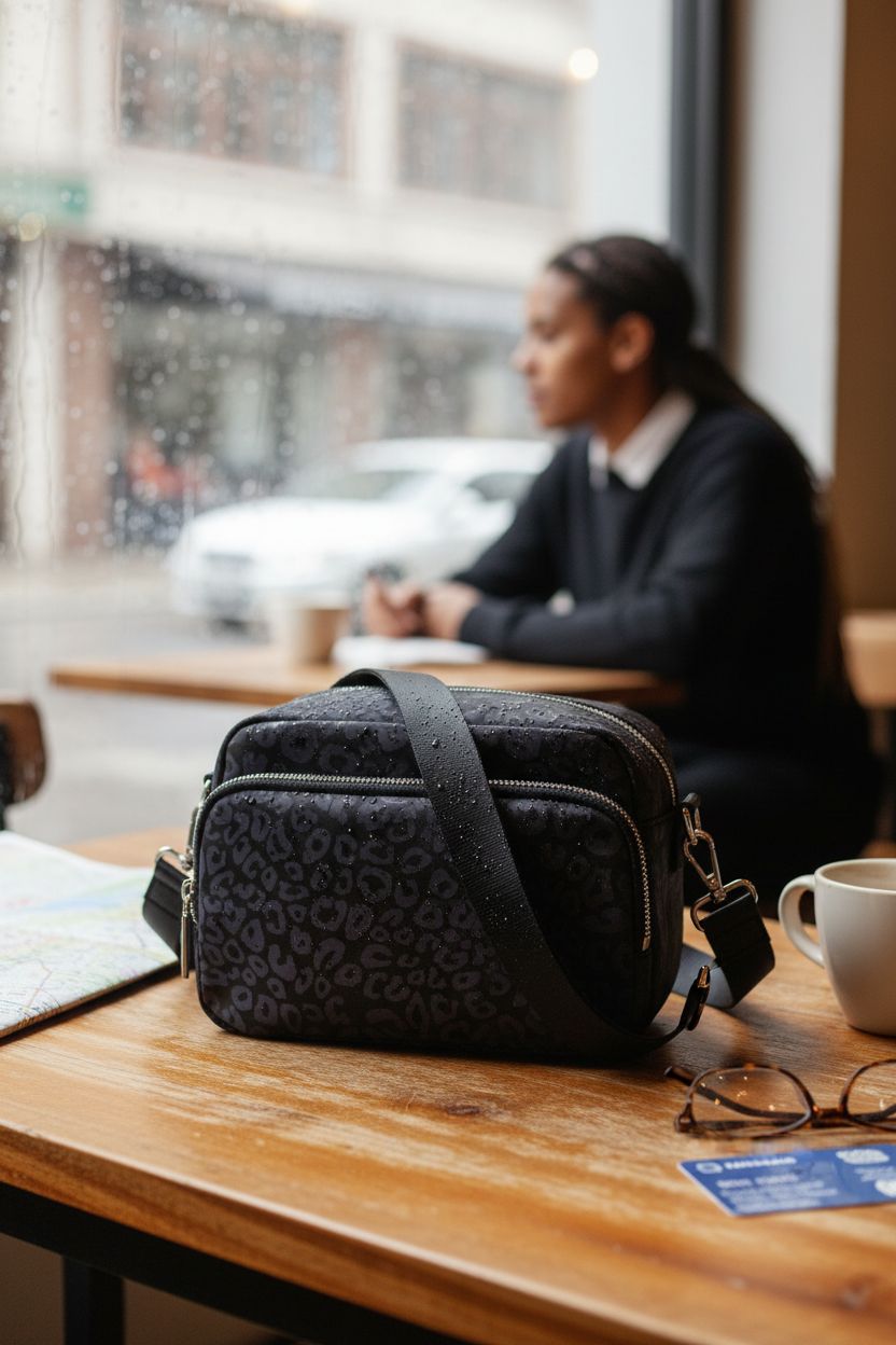 MEXS waterproof crossbody purse on a cafe table, cozy setting with a map and mug