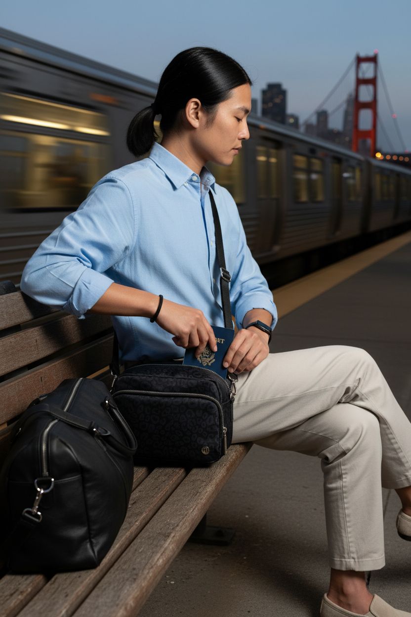 MEXS travel purse on a bench at a train platform, sleek design, perfect for casual outings
