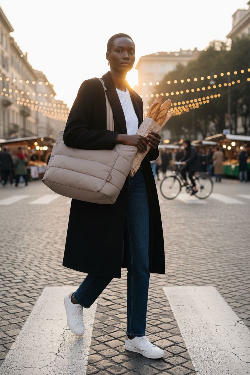 BAGSMART grayish-brown puffer tote bag showcased at a city market with a baguette bouquet