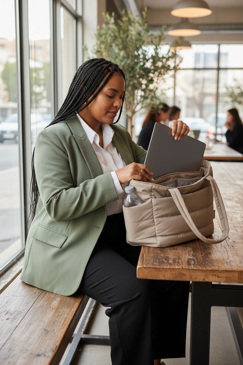 BAGSMART grayish-brown puffer tote bag with laptop and water bottle in a cozy café setting