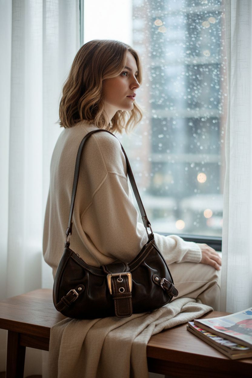 Cozy scene featuring Verdusa crescent bag on vintage bench with raindrops in background.