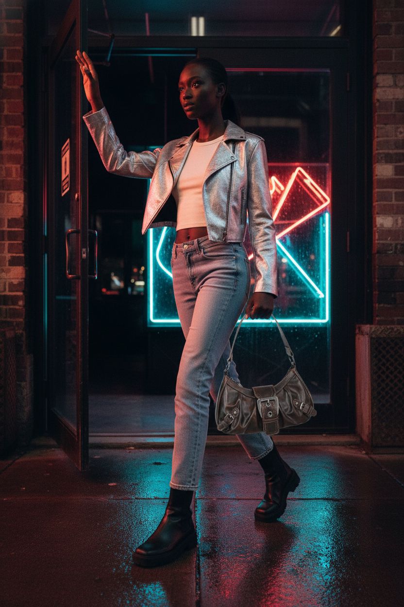 Punk-inspired brown Verdusa handbag showcased in neon-lit urban setting.