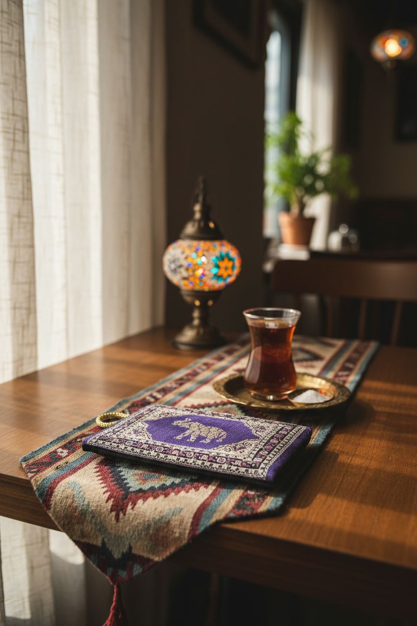 BDM Turkish Elephant Purse resting on a walnut table, accompanied by Turkish tea and a mosaic lamp.