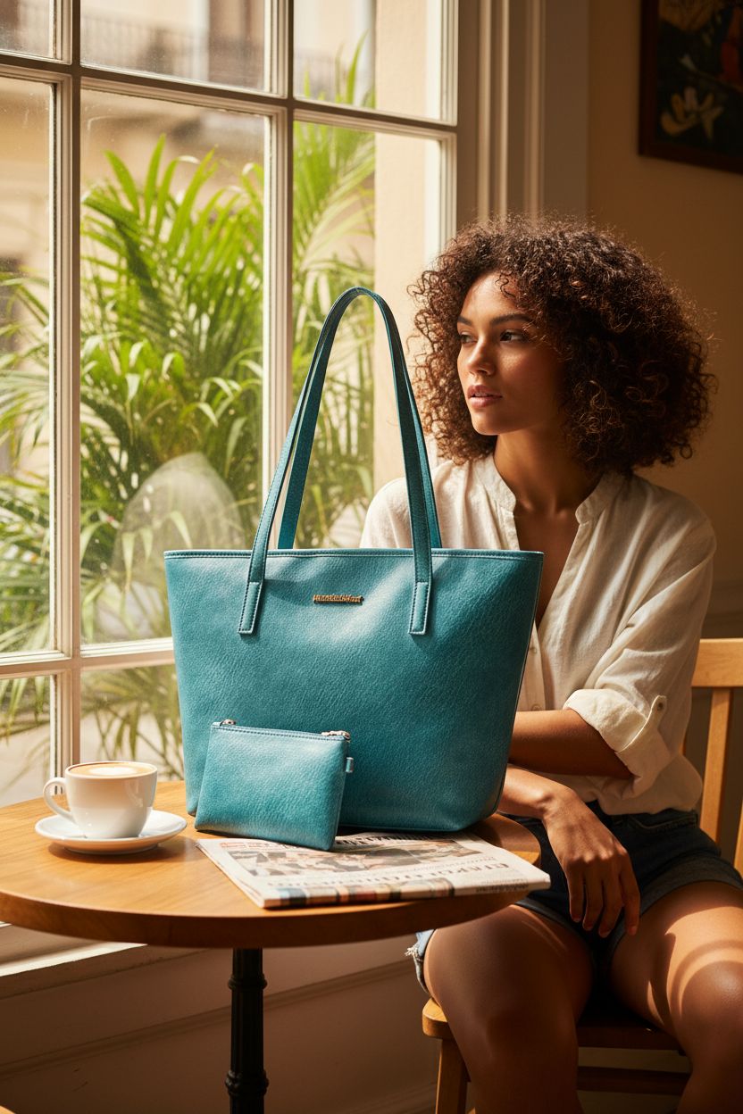 Montana West turquoise tote bag on a café table, ideal for casual days out.