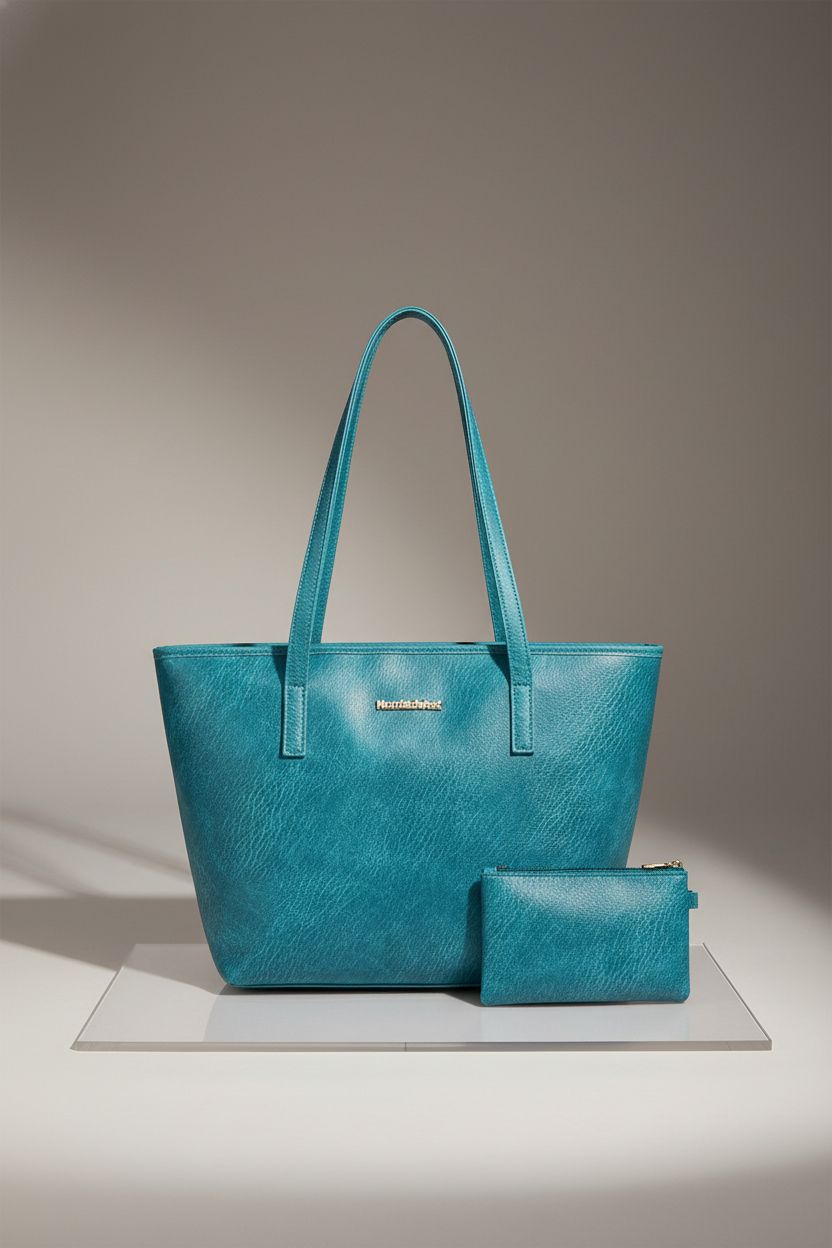 Montana West turquoise tote bag displayed with matching pouch, showcasing quality and design.