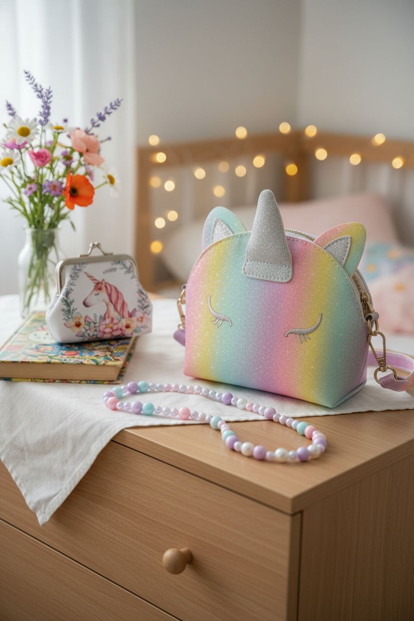 Cozy kids bedroom with JYPS unicorn purse, flowers, and fairy lights for ambiance