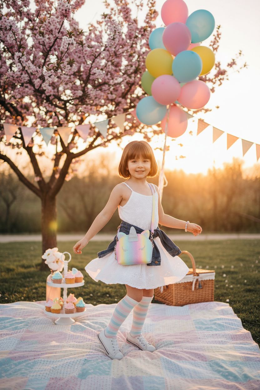 JYPS rainbow glitter unicorn purse worn cross-body, twirling with balloons and picnic