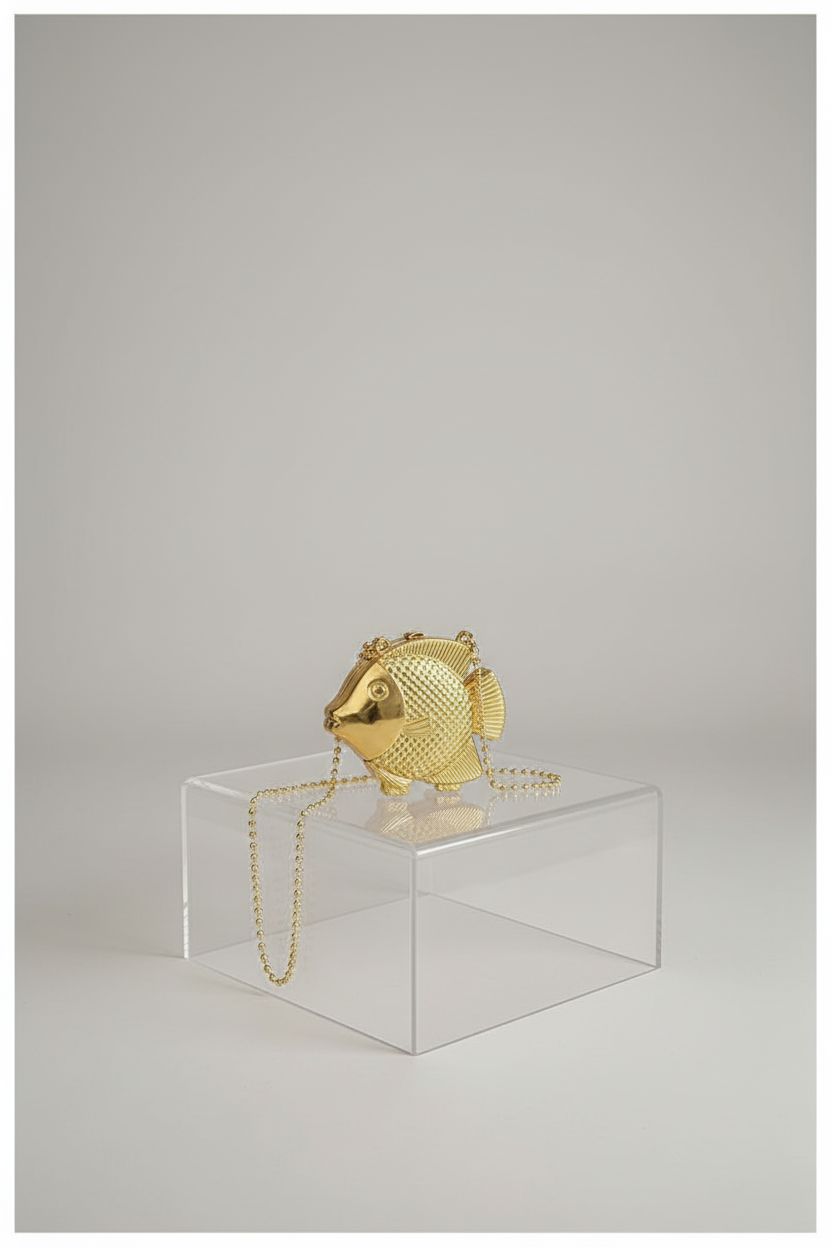 DiafebWanghh gold acrylic fish clutch purse showcased with polished details and chain drape