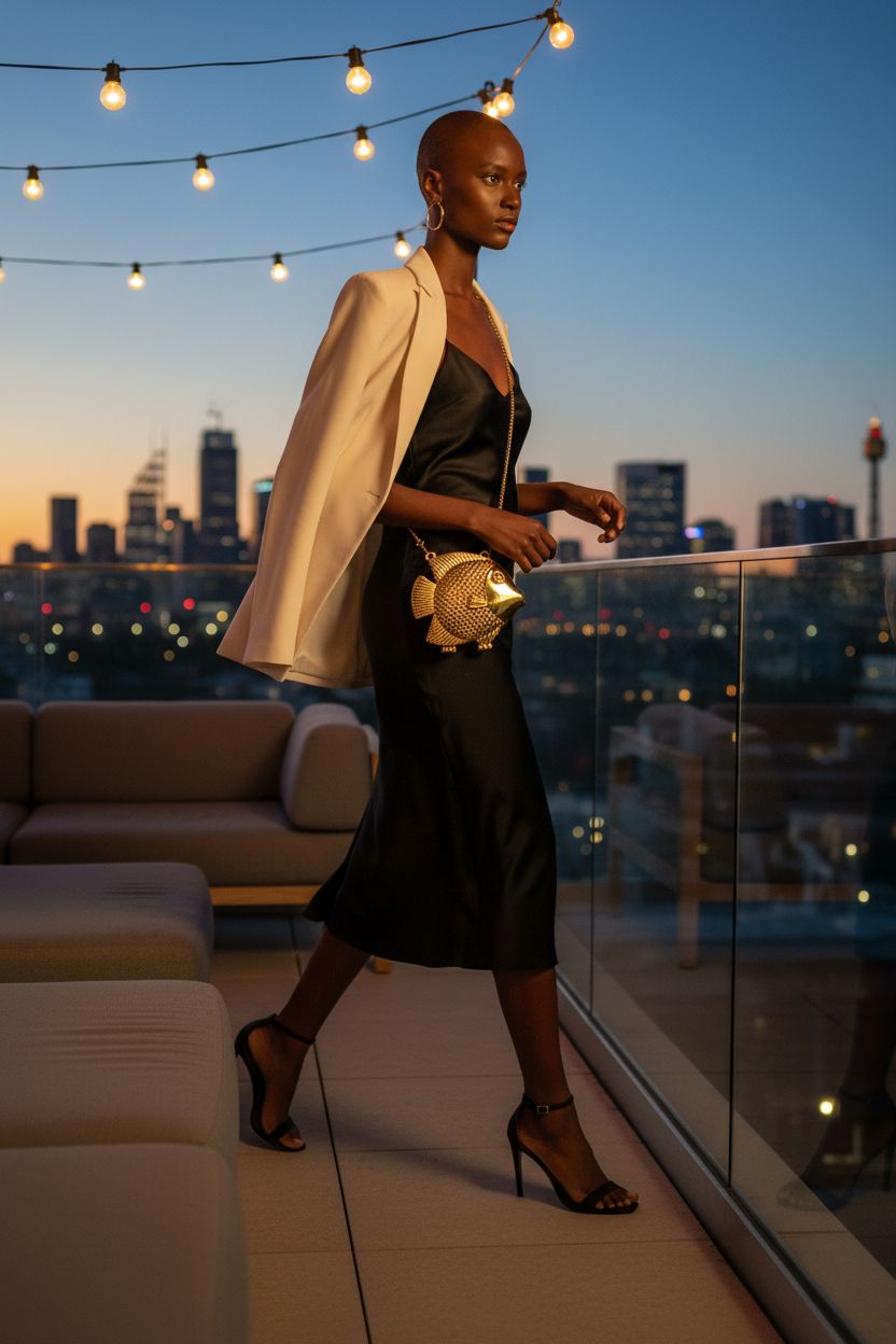 DiafebWanghh gold fish evening bag complements sleek black satin dress at cocktail hour