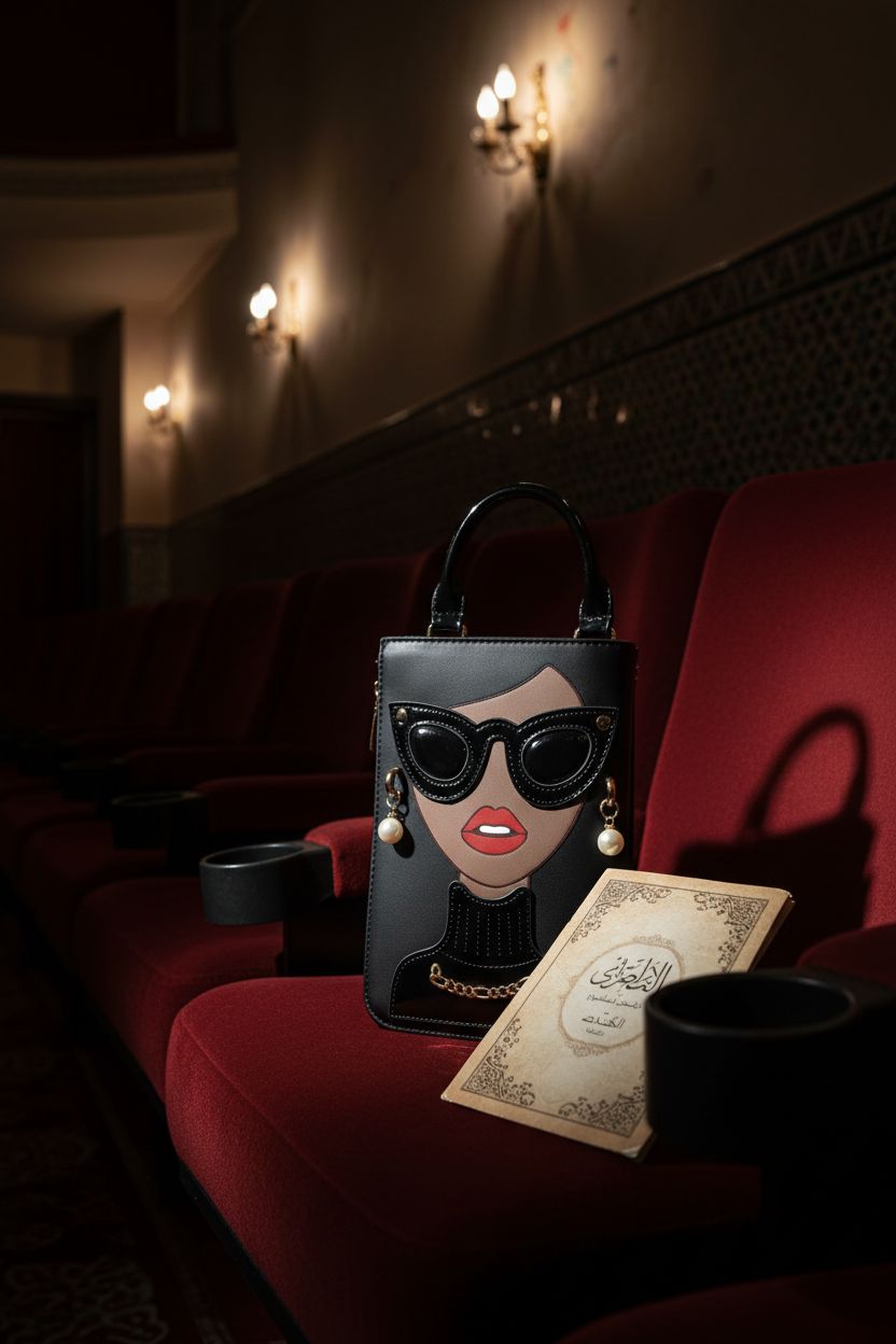 ENJOININ handbag resting on plush velvet seat in vintage cinema with soft lighting