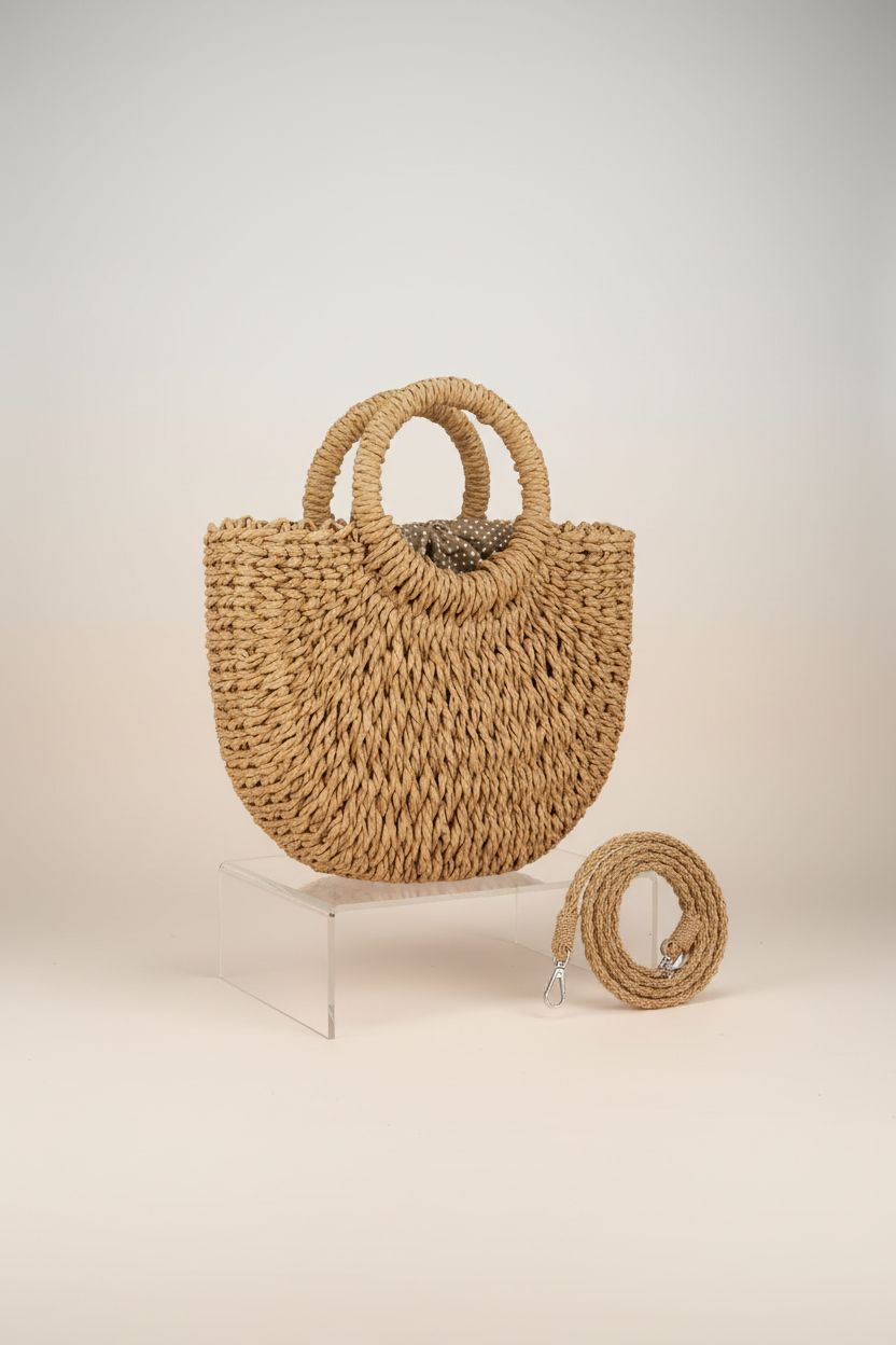 FENBEN Women Straw Crossbody Bag on a studio backdrop showcasing its design