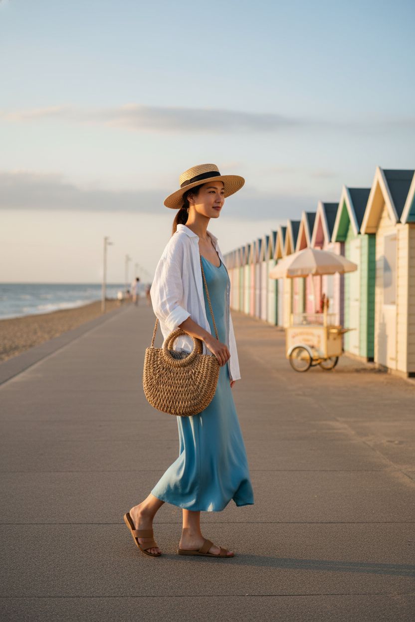FENBEN Women Straw Crossbody Bag in brown at seaside promenade during golden hour