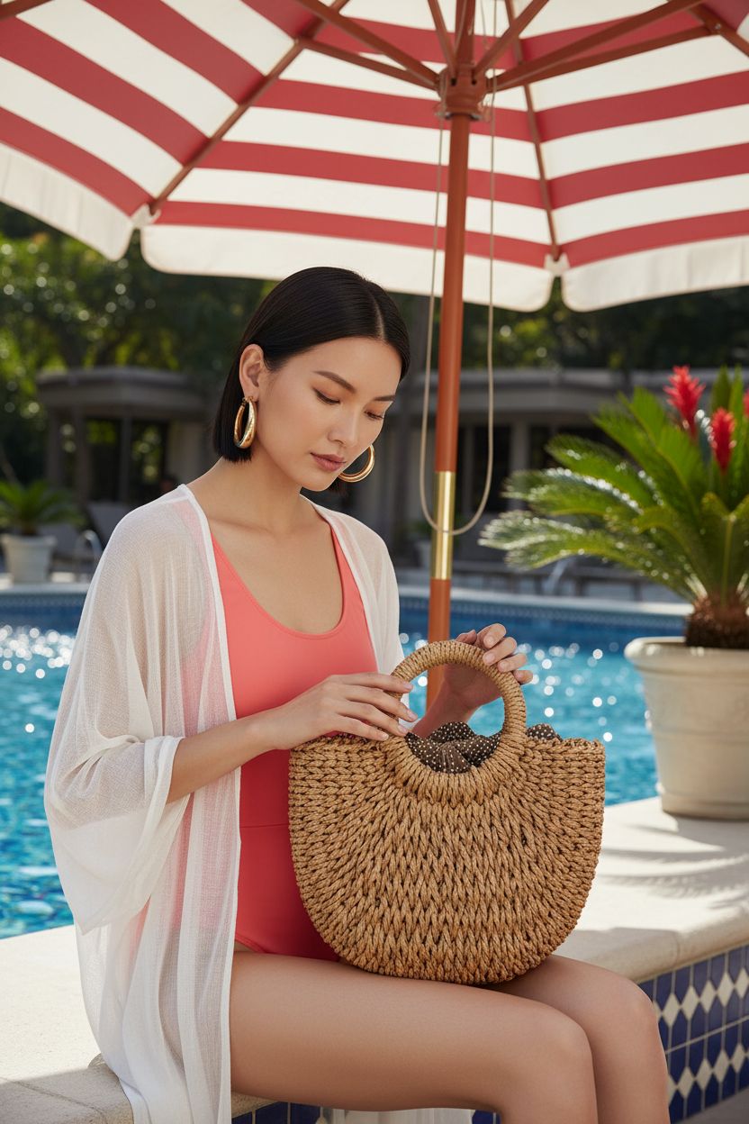 FENBEN Women Straw Crossbody Bag by poolside, perfect for resort lounging