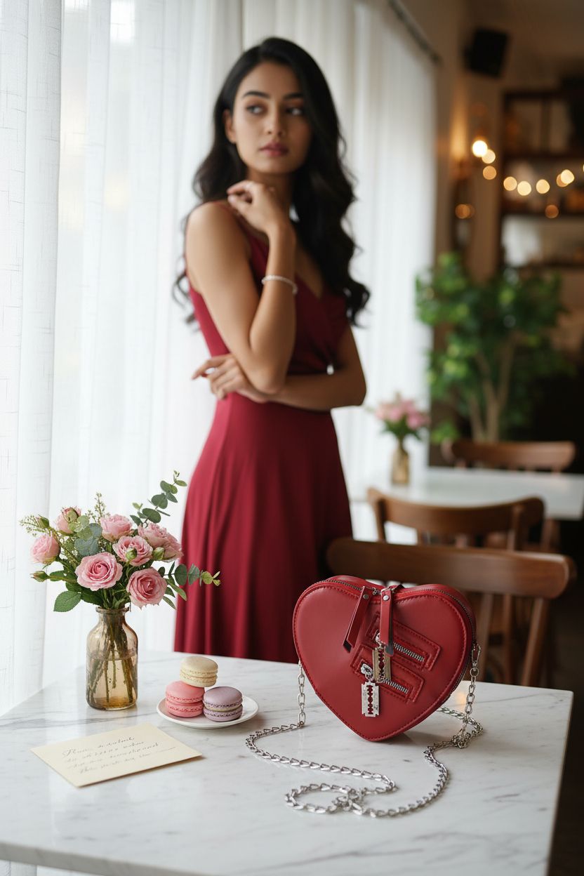 Fozehlad heart bag at a romantic bistro with roses and macarons, a perfect Valentine's Day accessory.