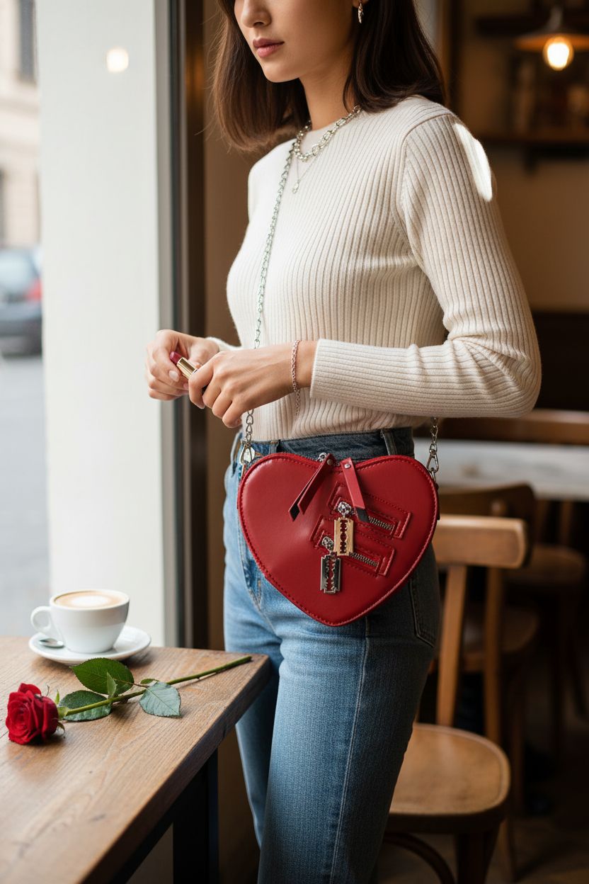 Fozehlad heart shoulder bag in a cozy cafe with lipstick and latte, perfect for Valentine's Day.